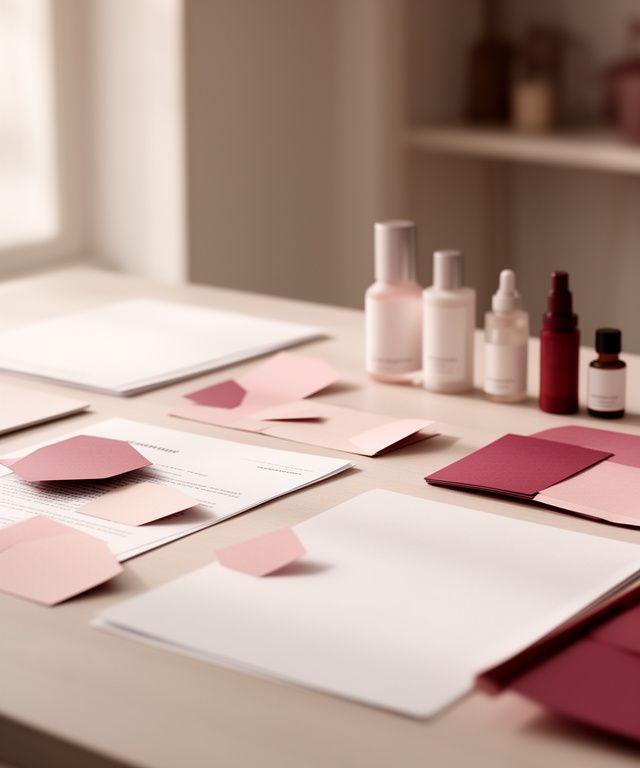 Rechtstexte und Beauty-Produkte auf einem ruhigen Schreibtisch mit geordneten Unterlagen