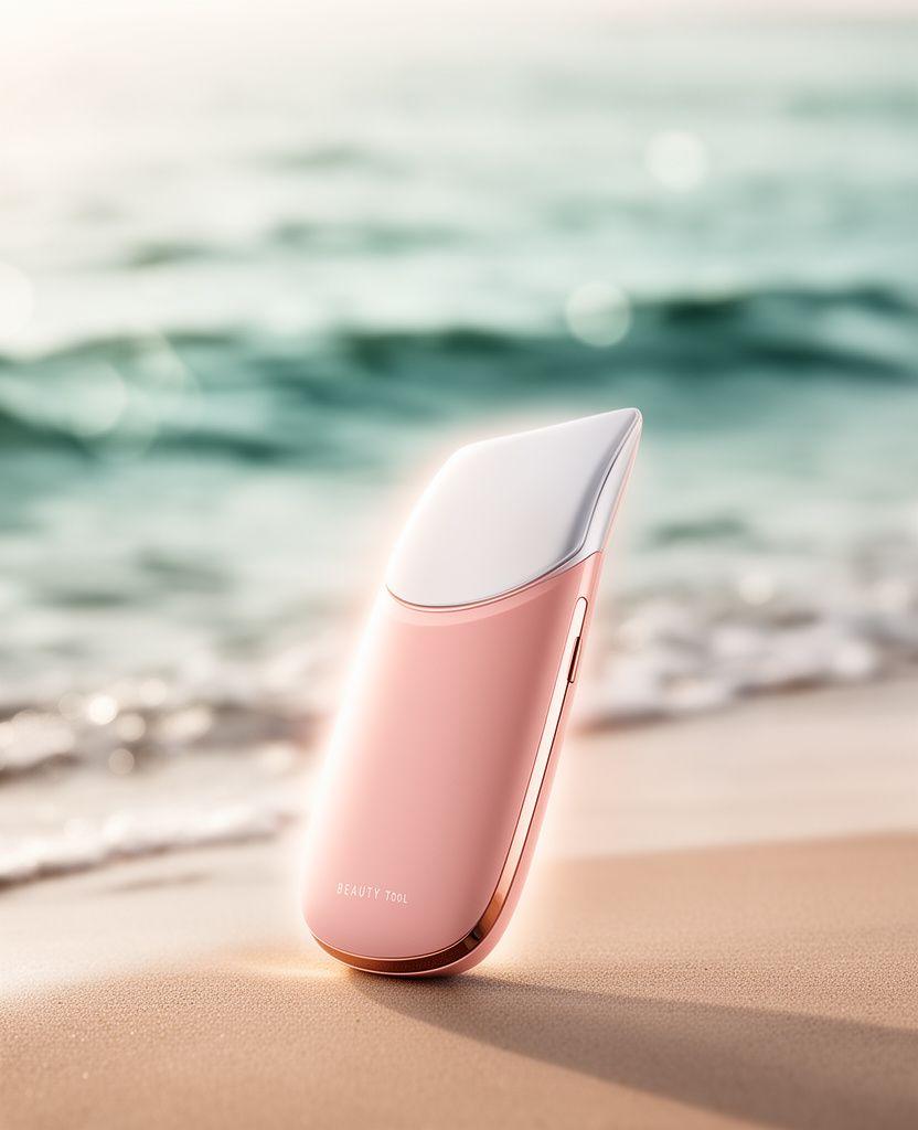Stilisiertes Küstenmotiv mit Beauty-Tool im Vordergrund, sanftes Licht und elegante Produktinszenierung